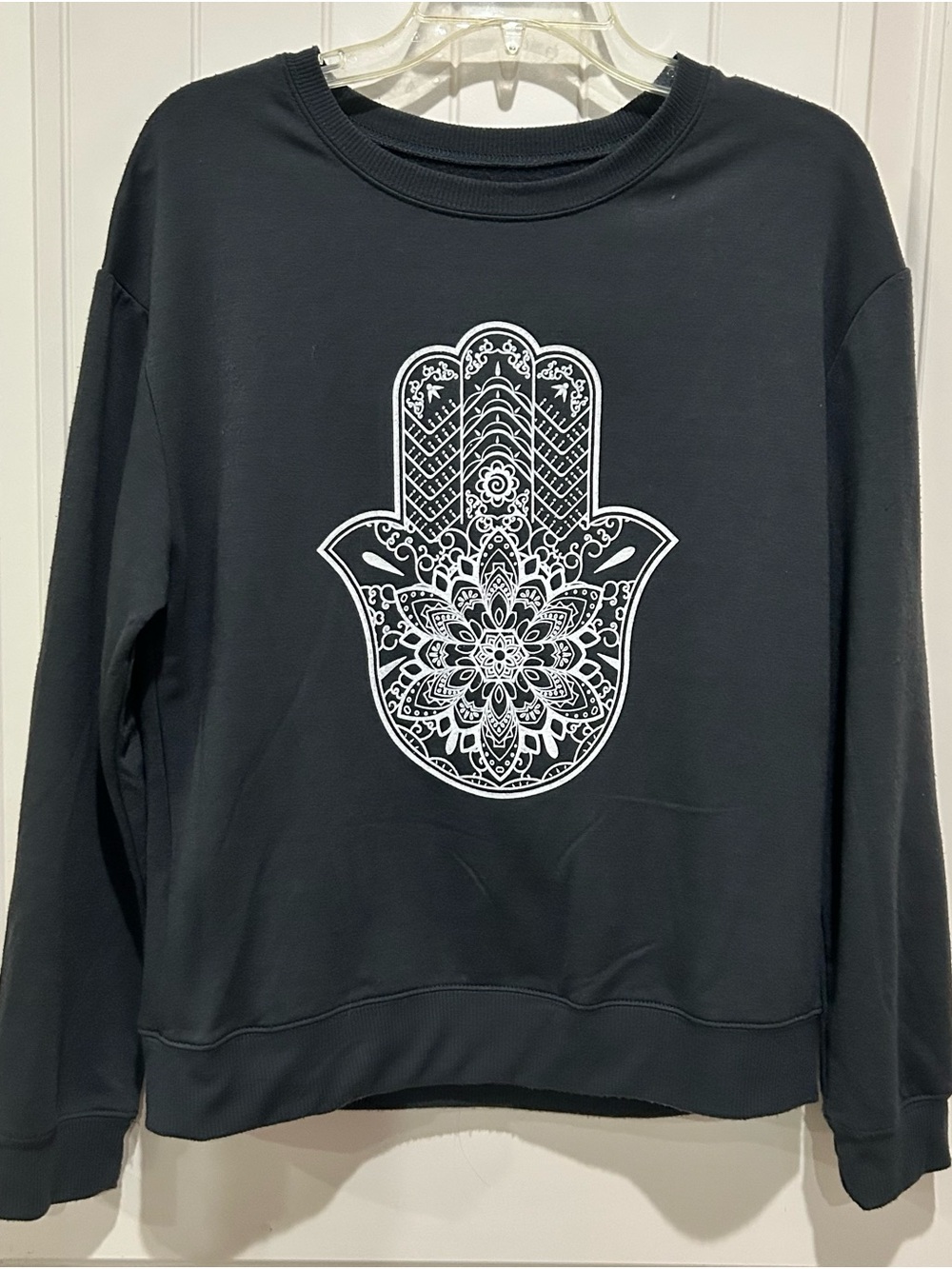 Miken Black Crewneck Sweatshirt with White Hamsa Graphic